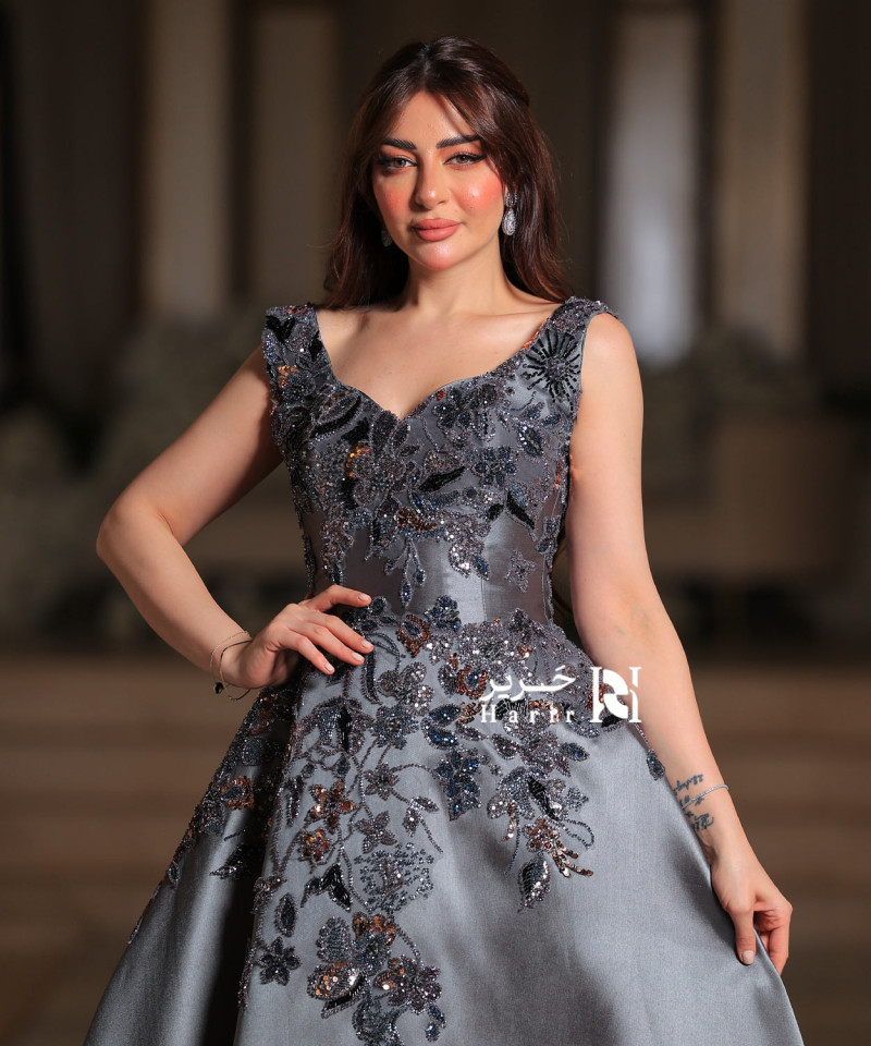 Charcoal Grey Evening Dress with Shimmering Floral Embroidery
