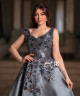 Charcoal Grey Evening Dress with Shimmering Floral Embroidery