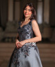 Charcoal Grey Evening Dress with Shimmering Floral Embroidery