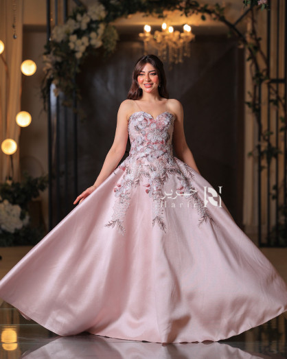 Royal Blush Pink Evening Gown with 3D Floral Embroidery and