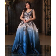 Beige to Blue Gradient Floral Embroidered Evening Gown with V-Neckline