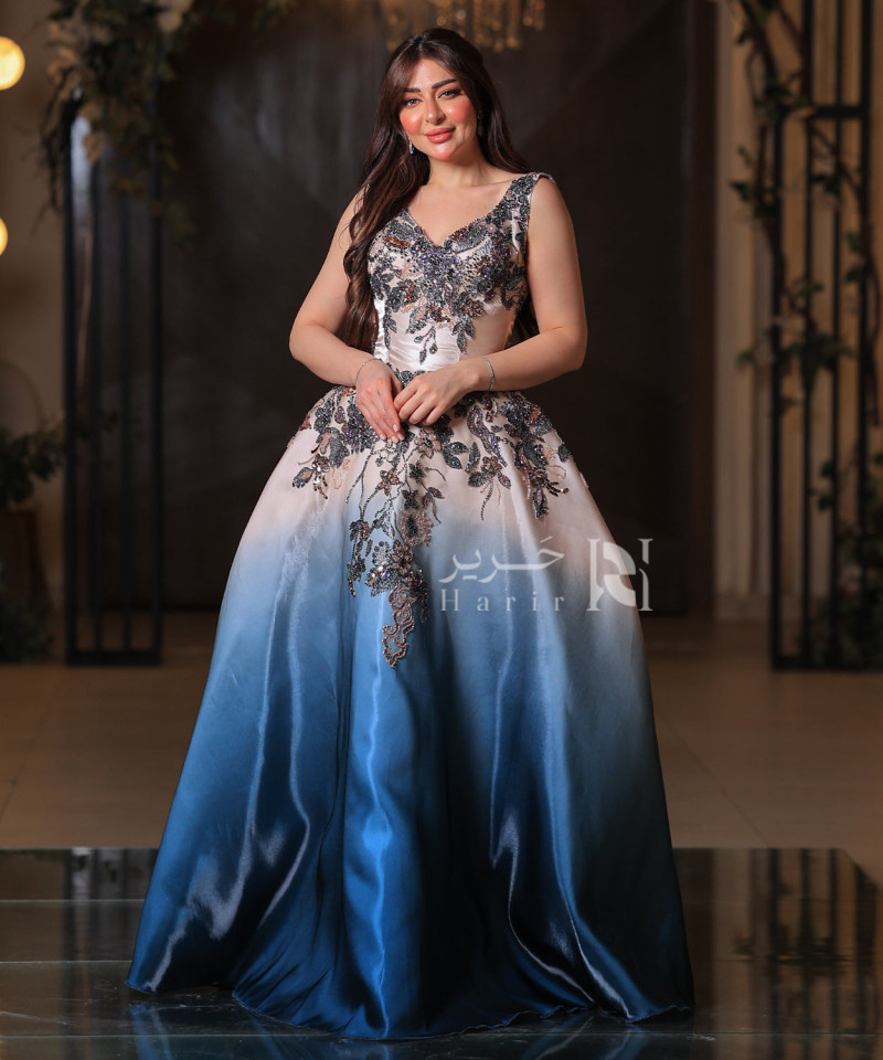 Beige to Blue Gradient Floral Embroidered Evening Gown with V-Neckline