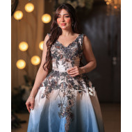 Beige to Blue Gradient Floral Embroidered Evening Gown with V-Neckline