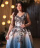 Beige to Blue Gradient Floral Embroidered Evening Gown with V-Neckline
