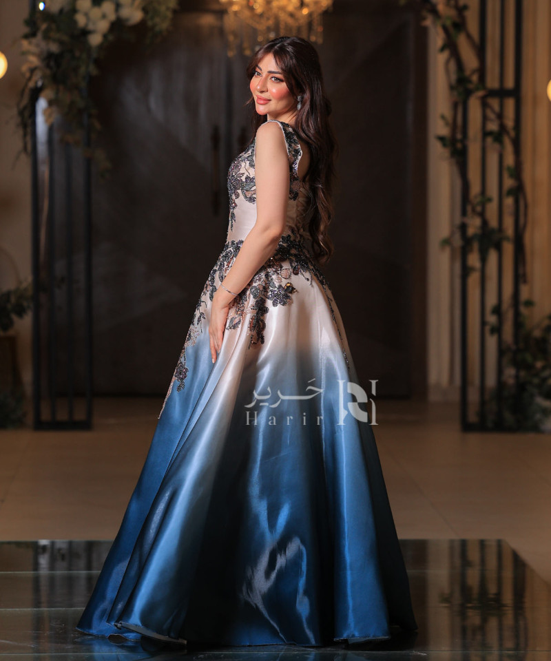Beige to Blue Gradient Floral Embroidered Evening Gown with V-Neckline