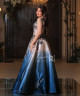 Beige to Blue Gradient Floral Embroidered Evening Gown with V-Neckline