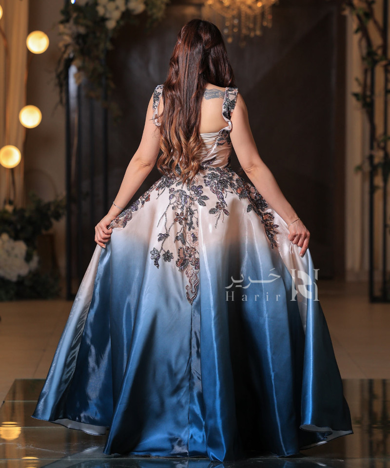 Beige to Blue Gradient Floral Embroidered Evening Gown with V-Neckline