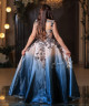 Beige to Blue Gradient Floral Embroidered Evening Gown with V-Neckline