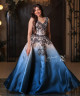 Beige to Blue Gradient Floral Embroidered Evening Gown with V-Neckline