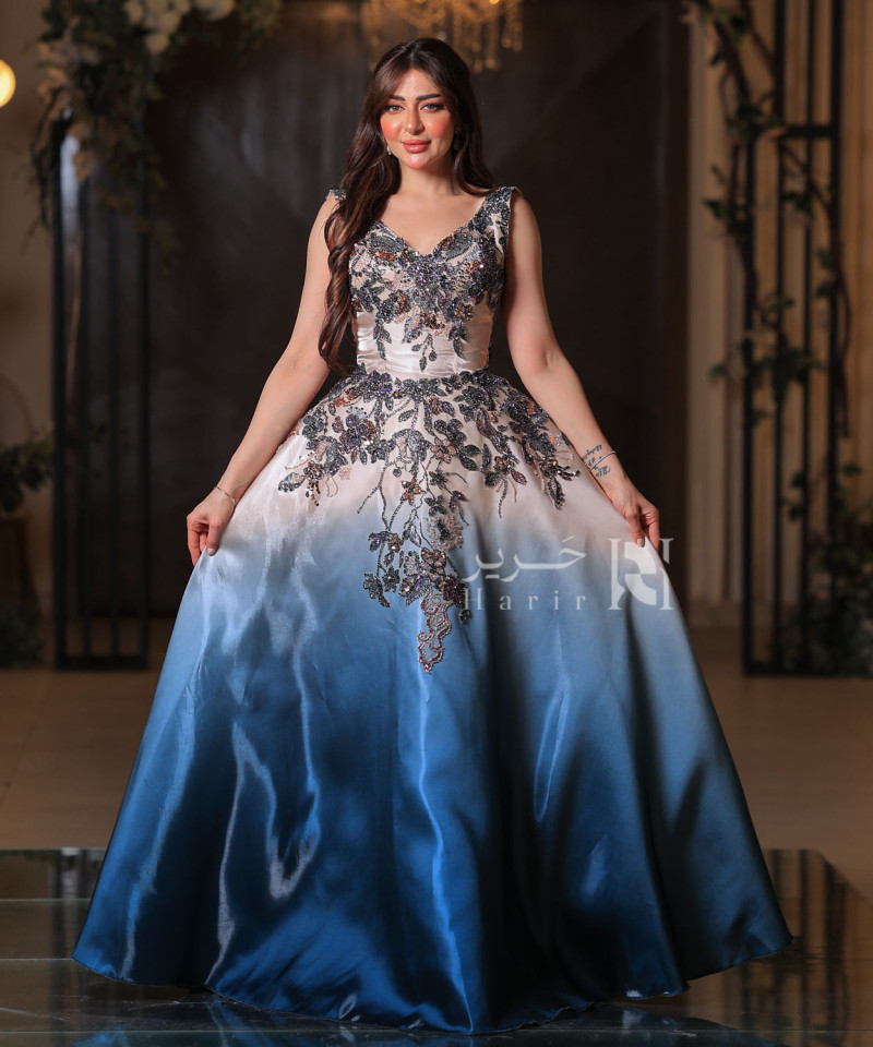 Beige to Blue Gradient Floral Embroidered Evening Gown with V-Neckline