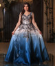 Beige to Blue Gradient Floral Embroidered Evening Gown with V-Neckline