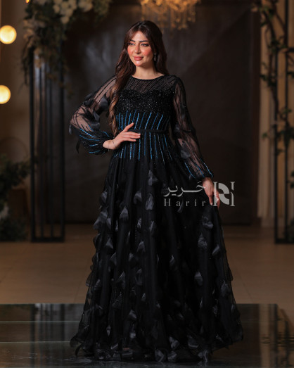 black formal dress with sheer sleeves Sheer-Back Beaded Formal Dress with Sleeves 9713 Black / 4