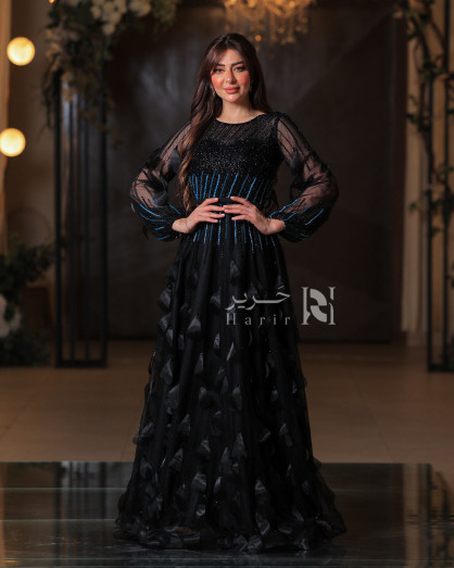Royal Black Gown with Sheer Sleeves and Sparkling Embellishments -