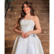 Ombre White and Blue Evening Gown Embellished with Lace and Crystals