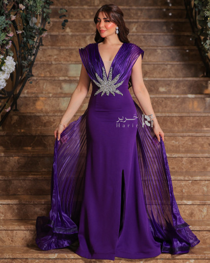 Purple Evening Gown with Embellished Design and Luxurious Sheer Chiffon  Cape -