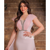 Light Pink Evening Gown with Embellished Design and Luxurious Sheer Chiffon Cape