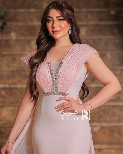 Light Pink Evening Gown with Embellished Design and Luxurious Sheer Chiffon  Cape -