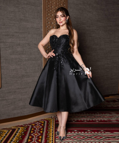 فستان قصير أسود أنيق بتطريز يدوي ولمسة ملكية