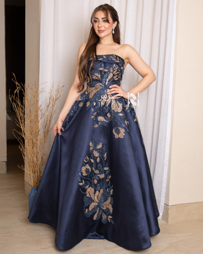 slim fit dress slacks Navy and Gold Lace Maxi Dress with Tulle Detail