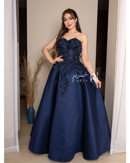 Navy Blue Evening Dress with 3D Floral Embroidery Sweetheart