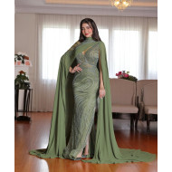 Olive Green Fitted Evening Dress with Full Beading and Flowing Chiffon Cape Sleeves