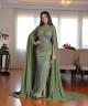 Olive Green Fitted Evening Dress with Full Beading and Flowing Chiffon Cape Sleeves