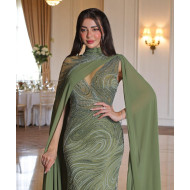 Olive Green Fitted Evening Dress with Full Beading and Flowing Chiffon Cape Sleeves