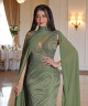 Olive Green Fitted Evening Dress with Full Beading and Flowing Chiffon Cape Sleeves
