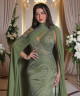 Olive Green Fitted Evening Dress with Full Beading and Flowing Chiffon Cape Sleeves