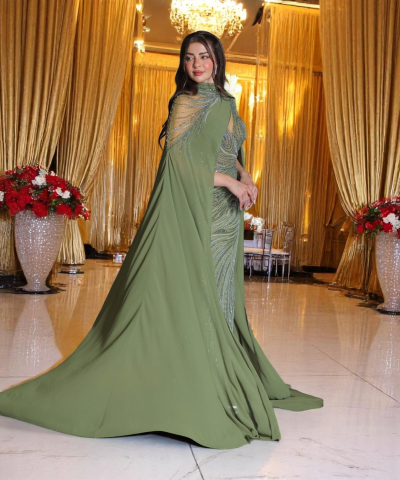 Olive Green Fitted Evening Dress with Full Beading and Flowing Chiffon Cape Sleeves