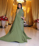 Olive Green Fitted Evening Dress with Full Beading and Flowing Chiffon Cape Sleeves