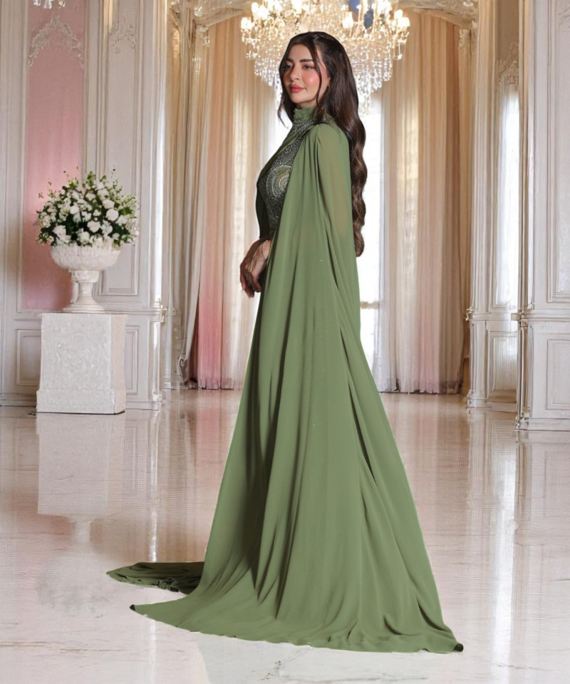 Olive Green Fitted Evening Dress with Full Beading and Flowing Chiffon Cape Sleeves