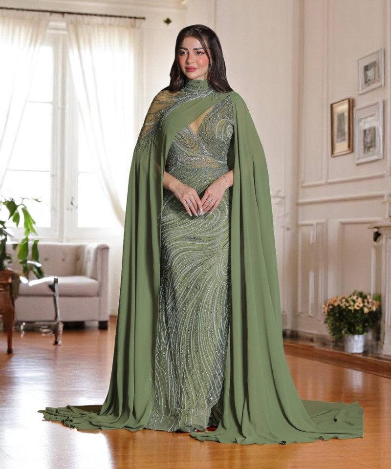 Olive Green Fitted Evening Dress with Full Beading and Flowing Chiffon Cape Sleeves