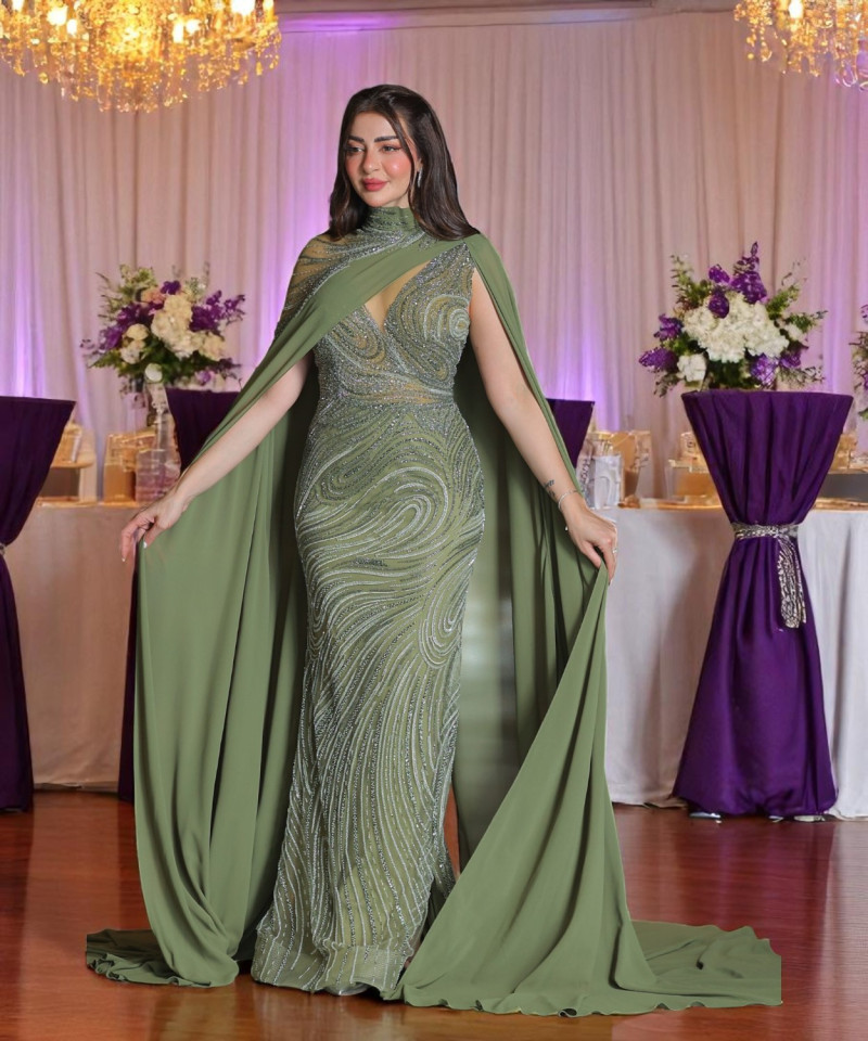 Olive Green Fitted Evening Dress with Full Beading and Flowing Chiffon Cape Sleeves