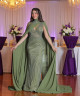 Olive Green Fitted Evening Dress with Full Beading and Flowing Chiffon Cape Sleeves