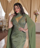 Olive Green Fitted Evening Dress with Full Beading and Flowing Chiffon Cape Sleeves