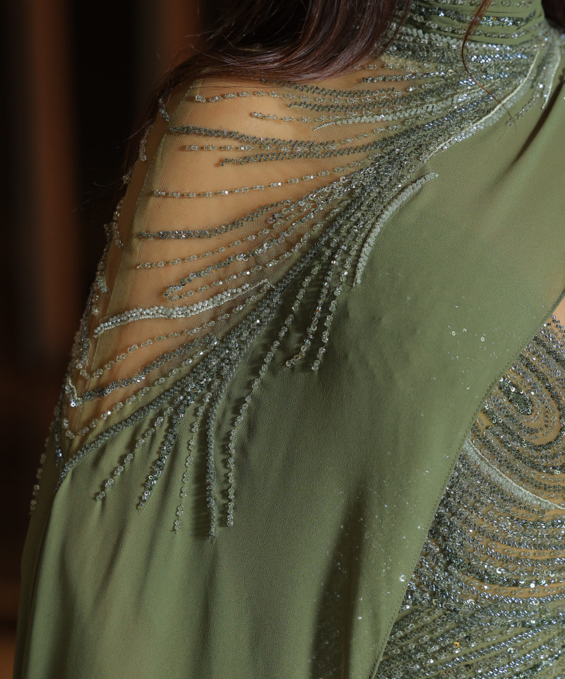 Olive Green Fitted Evening Dress with Full Beading and Flowing Chiffon Cape Sleeves