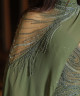 Olive Green Fitted Evening Dress with Full Beading and Flowing Chiffon Cape Sleeves