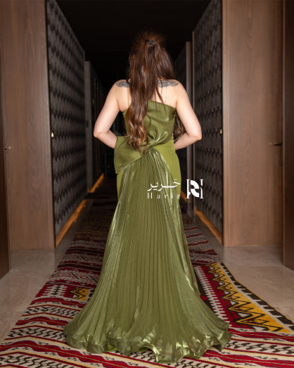 Olive Evening Gown with Asymmetrical Neckline and Crystal Detailing - Olive Evening Gown with Asymmetrical Neckline and Crystal Detailing -