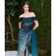 "Ocean Crystal Gradient Gown" – Off-Shoulder with Embellished Bodice and Flowing Slit Skirt