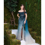 "Ocean Crystal Gradient Gown" – Off-Shoulder with Embellished Bodice and Flowing Slit Skirt