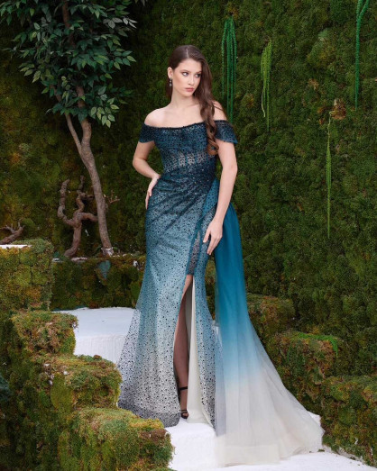 Ocean Crystal Gradient Gown"  Off-Shoulder with Embellished Bodice and  Flowing Slit Skirt -