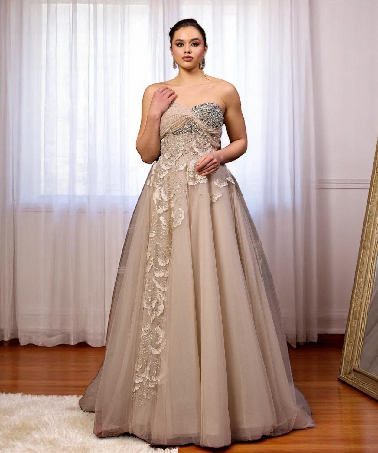 Champagne Beige Embellished Princess Gown with Crystal and Lace Details -