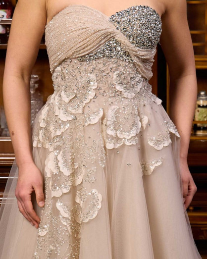 Champagne Beige Embellished Princess Gown with Crystal and Lace Details -