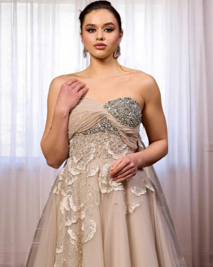 beige embellished dress embellished Bandeau Cowl Neck Maxi dress in Beige - 6