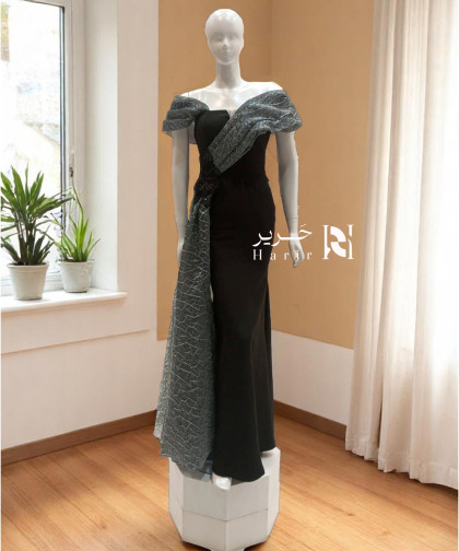 فستان سهره اسود بتفاصيل فضية فاخرة