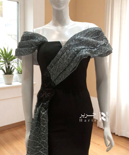 فستان سهره اسود بتفاصيل فضية فاخرة