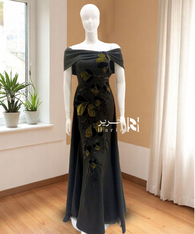 Elegant Black Evening Gown with Olive Floral Embroidery and Off-Shoulder Design Elegant Black Evening Gown with Olive Floral Embroidery and Off-Shoulder Design