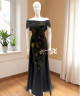 Elegant Black Evening Gown with Olive Floral Embroidery and Off-Shoulder Design Elegant Black Evening Gown with Olive Floral Embroidery and Off-Shoulder Design