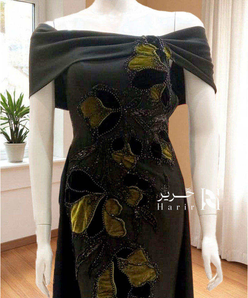 Elegant Black Evening Gown with Olive Floral Embroidery and Off-Shoulder Design Elegant Black Evening Gown with Olive Floral Embroidery and Off-Shoulder Design